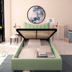 Baldiflex letto contenitore piazza e mezzo in tessuto Moon verde menta fronte