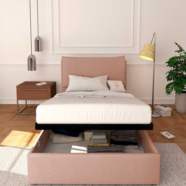 Baldiflex letto contenitore a una piazza e mezzo in tessuto sfoderabile Licia rosa antico