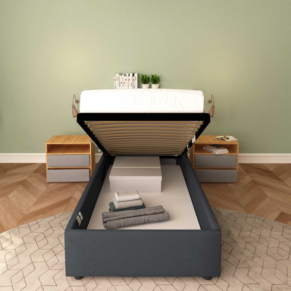 Baldiflex letto contenitore singolo senza testata in tessuto Cloe grigio grafite fronte con rete alzata