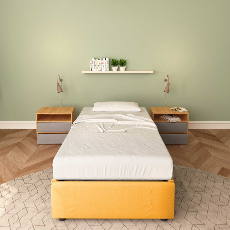 Baldiflex letto contenitore singolo senza testata in tessuto Cloe mango frontale con materasso