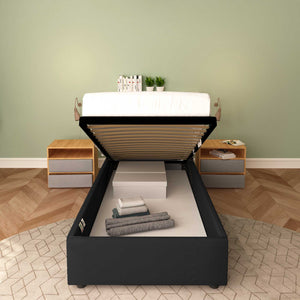 Baldiflex letto contenitore singolo senza testata in tessuto Cloe nero fronte rete alzata