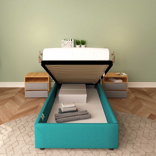 Baldiflex letto contenitore singolo senza testata in tessuto Cloe turchese frontale con rete alzata