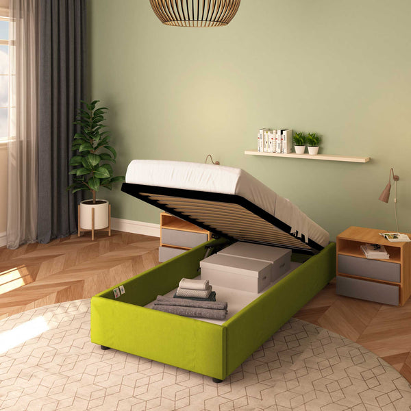 Baldiflex letto contenitore singolo senza testata in tessuto Cloe verde da destra con rete alzata