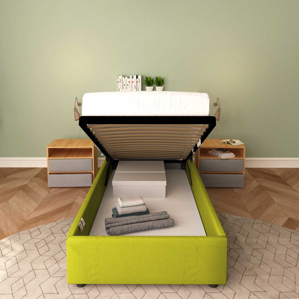 Baldiflex letto contenitore singolo senza testata in tessuto Cloe verde fronte con rete alzata