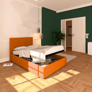 Baldiflex letto contenitore piazza e mezza in ecopelle sfoderabile Rossano arancione da sinistra