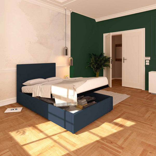 Baldiflex letto contenitore piazza e mezza in ecopelle sfoderabile Rossano blu notte da sinistra