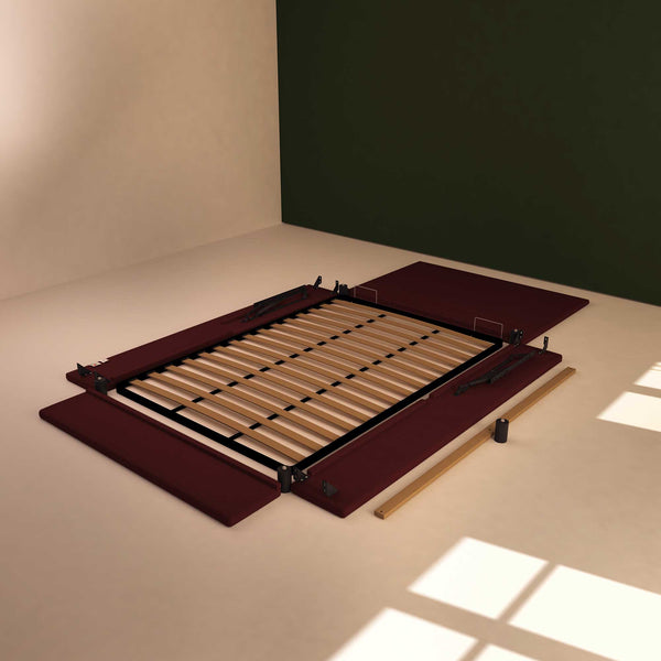 Baldiflex letto contenitore piazza e mezza in ecopelle sfoderabile Rossano bordeaux smontato