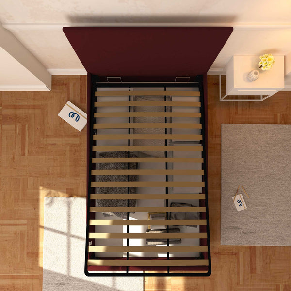 Baldiflex letto contenitore piazza e mezza in ecopelle sfoderabile Rossano bordeaux top