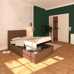 Baldiflex letto contenitore piazza e mezza in ecopelle sfoderabile Rossano caffè da sinistra