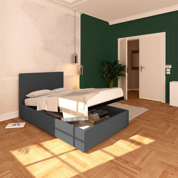 Baldiflex letto contenitore piazza e mezza in ecopelle sfoderabile Rossano grigio scuro da sinistra