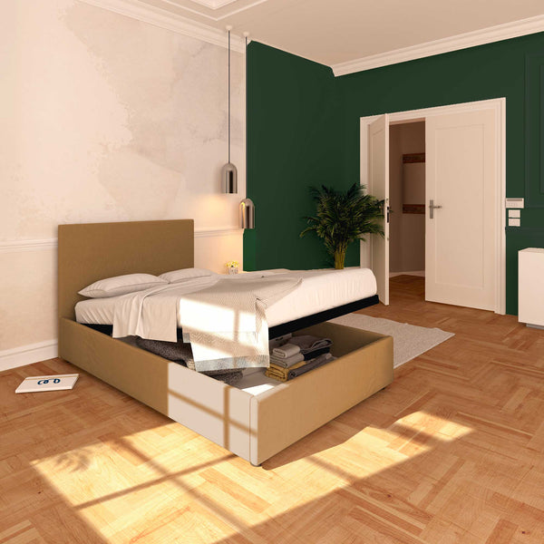 Baldiflex letto contenitore piazza e mezza in ecopelle sfoderabile Rossano marrone chiaro da sinistra