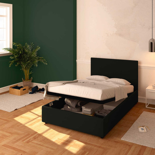 Baldiflex letto contenitore piazza e mezza in ecopelle sfoderabile Rossano nero da destra