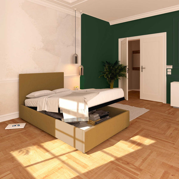 Baldiflex letto contenitore piazza e mezza in ecopelle sfoderabile Rossano nocciola da sinistra