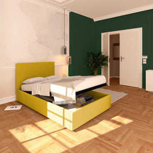 Baldiflex letto contenitore una piazza e mezza in tessuto sfoderabile Rossano giallo senape da sinistra