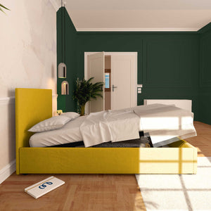 Baldiflex letto contenitore una piazza e mezza in tessuto sfoderabile Rossano giallo senape laterale