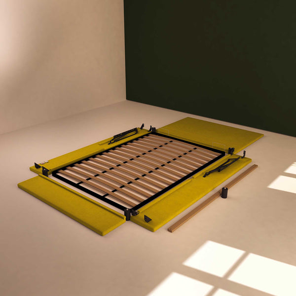 Baldiflex letto contenitore una piazza e mezza in tessuto sfoderabile Rossano giallo senape smontato