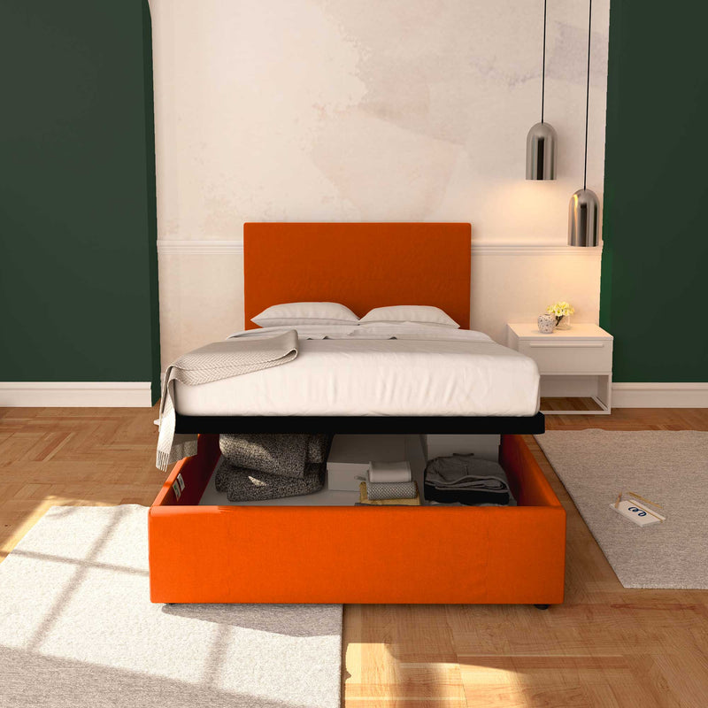 Baldiflex letto contenitore una piazza e mezza in tessuto sfoderabile Rossano arancione