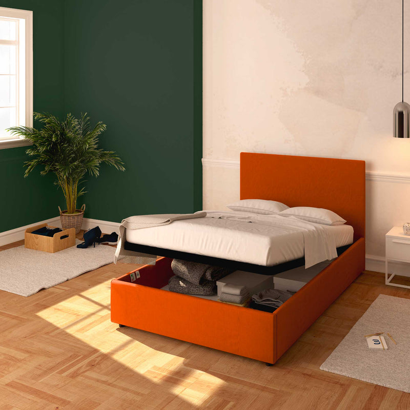 Baldiflex letto contenitore una piazza e mezza in tessuto sfoderabile Rossano arancione da destra