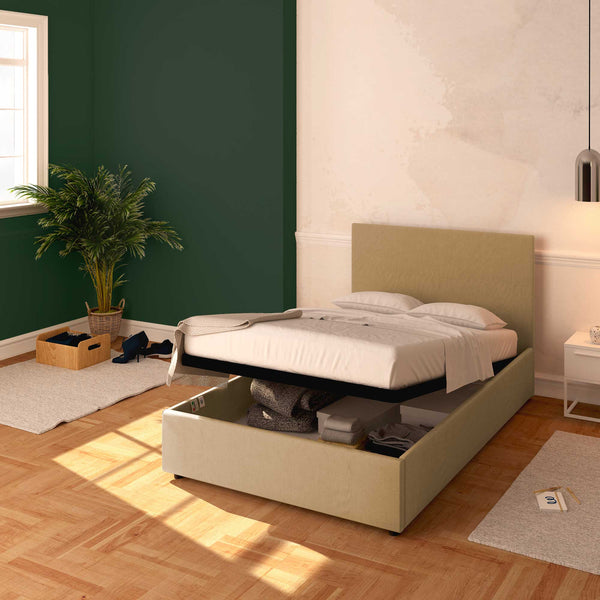 Baldiflex letto contenitore una piazza e mezza in tessuto sfoderabile Rossano cammello da destra