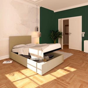 Baldiflex letto contenitore una piazza e mezza in tessuto sfoderabile Rossano cammello da sinistra