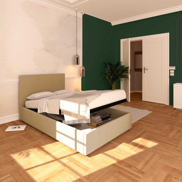 Baldiflex letto contenitore una piazza e mezza in tessuto sfoderabile Rossano cammello da sinistra