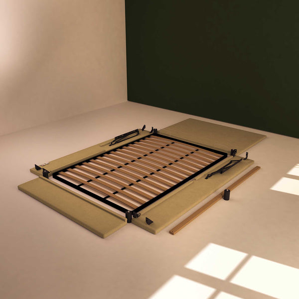 Baldiflex letto contenitore una piazza e mezza in tessuto sfoderabile Rossano cammello smontato