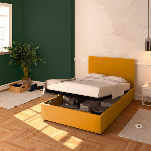 Baldiflex letto contenitore una piazza e mezza in tessuto sfoderabile Rossano mango da destra