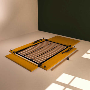 Baldiflex letto contenitore una piazza e mezza in tessuto sfoderabile Rossano mango da destra smontato