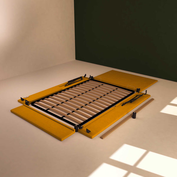 Baldiflex letto contenitore una piazza e mezza in tessuto sfoderabile Rossano mango da destra smontato