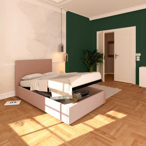 Baldiflex letto contenitore una piazza e mezza in tessuto sfoderabile Rossano rosa antico da sinistra