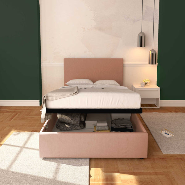 Baldiflex letto contenitore una piazza e mezza in tessuto sfoderabile Rossano rosa antico