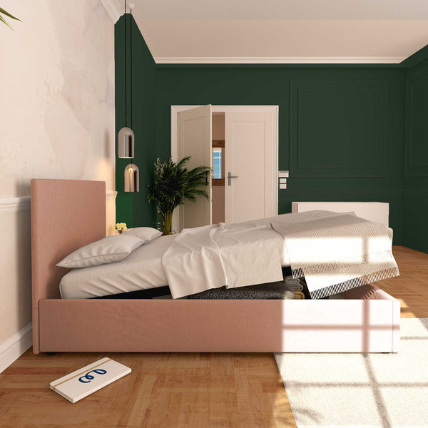 Baldiflex letto contenitore una piazza e mezza in tessuto sfoderabile Rossano rosa antico laterale