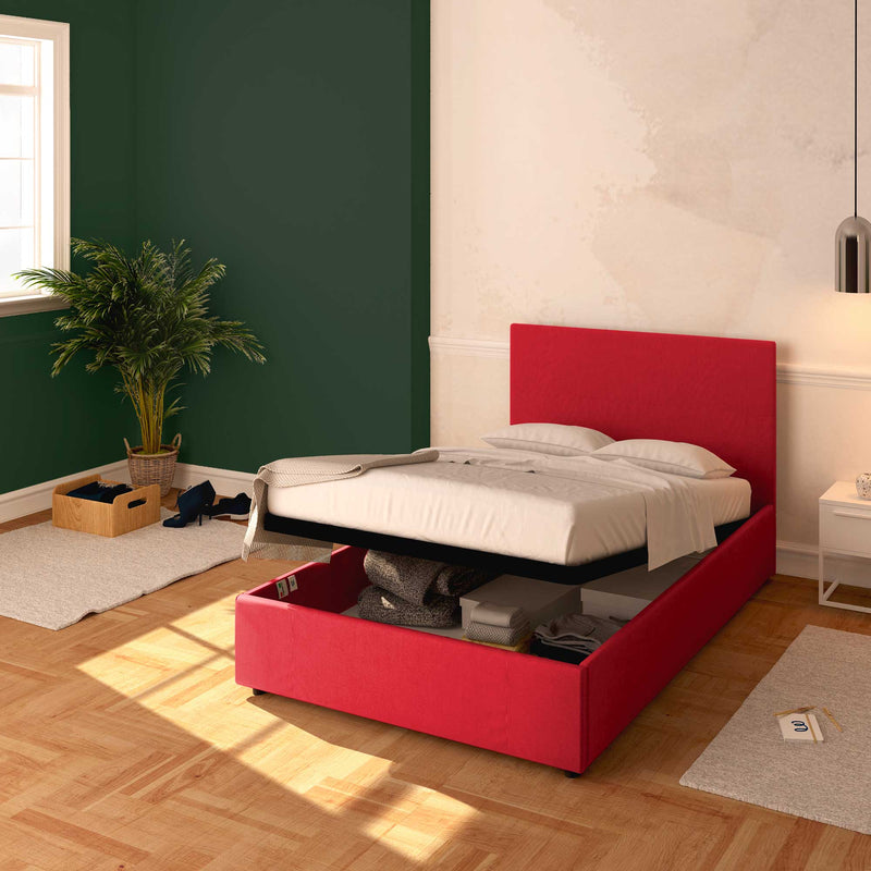 Baldiflex letto contenitore una piazza e mezza in tessuto sfoderabile Rossano rosso da destra