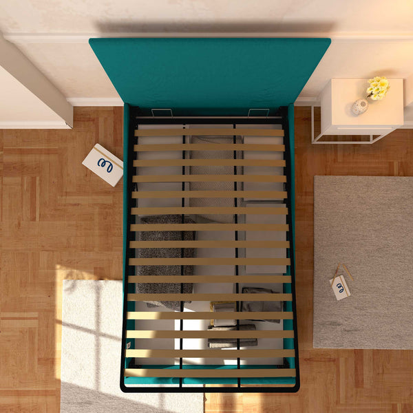 Baldiflex letto contenitore una piazza e mezza in tessuto sfoderabile Rossano turchese top