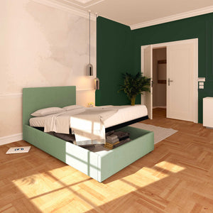 Baldiflex letto contenitore una piazza e mezza in tessuto sfoderabile Rossano verde menta da sinistra