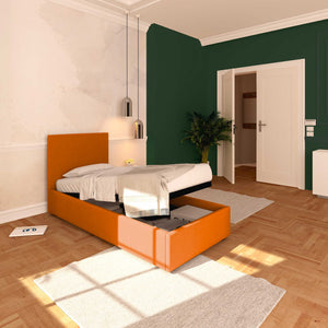 Baldiflex letto contenitore singolo in ecopelle sfoderabile Rossano arancione da sinistra