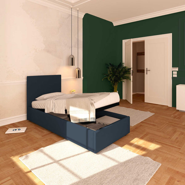 Baldiflex letto contenitore singolo in ecopelle sfoderabile Rossano blu notte da sinistra