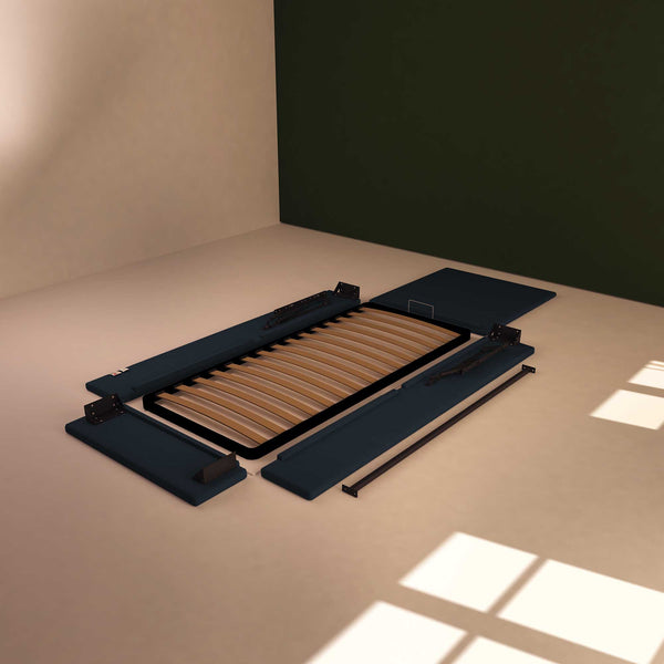 Baldiflex letto contenitore singolo in ecopelle sfoderabile Rossano blu notte smontato