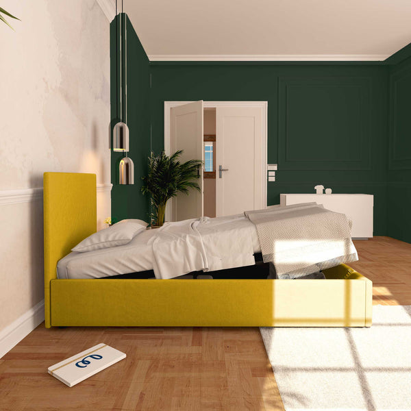 Baldiflex letto contenitore singolo in tessuto sfoderabile Rossano giallo senape laterale