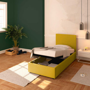 Baldiflex letto contenitore singolo in tessuto sfoderabile Rossano giallo senape da destra