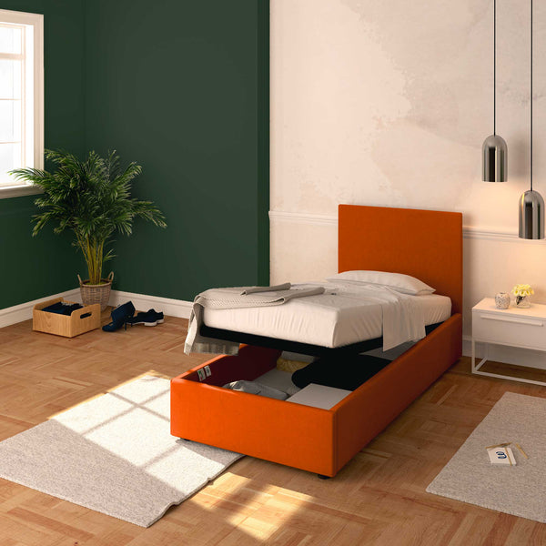 Baldiflex letto contenitore singolo in tessuto sfoderabile Rossano arancione da destra