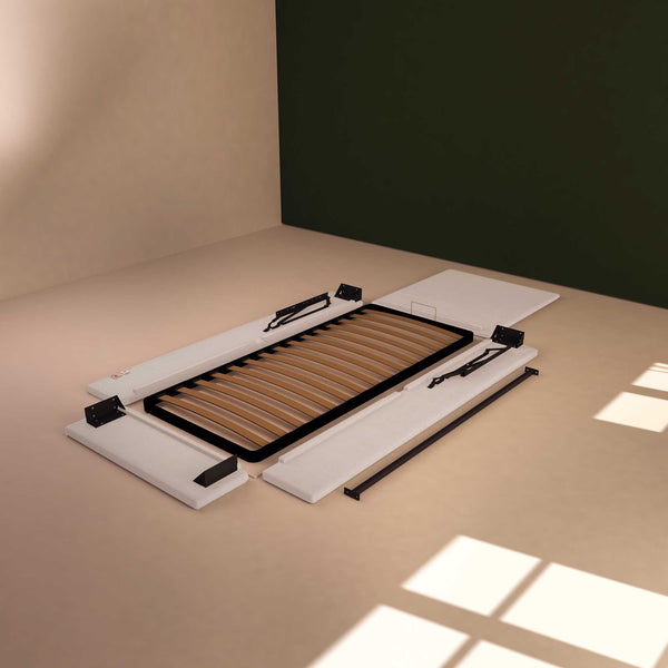 Baldiflex letto contenitore singolo in tessuto sfoderabile Rossano grigio chiaro smontato