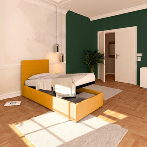 Baldiflex letto contenitore singolo in tessuto sfoderabile Rossano mango da sinistra