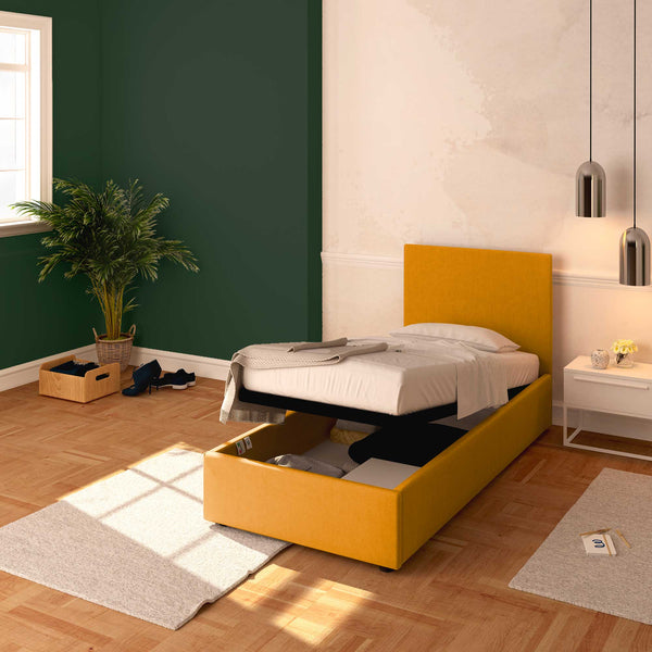 Baldiflex letto contenitore singolo in tessuto sfoderabile Rossano mango da destra