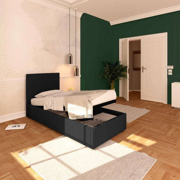 Baldiflex letto contenitore singolo in tessuto sfoderabile Rossano nero da sinistra