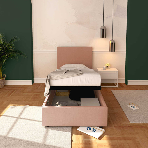 Baldiflex letto contenitore singolo in tessuto sfoderabile Rossano rosa antico frontale