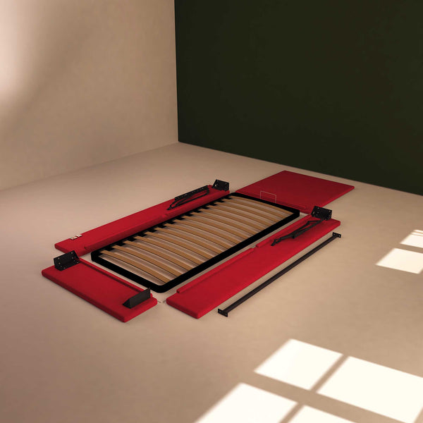 Baldiflex letto contenitore singolo in tessuto sfoderabile Rossano rosso smontato