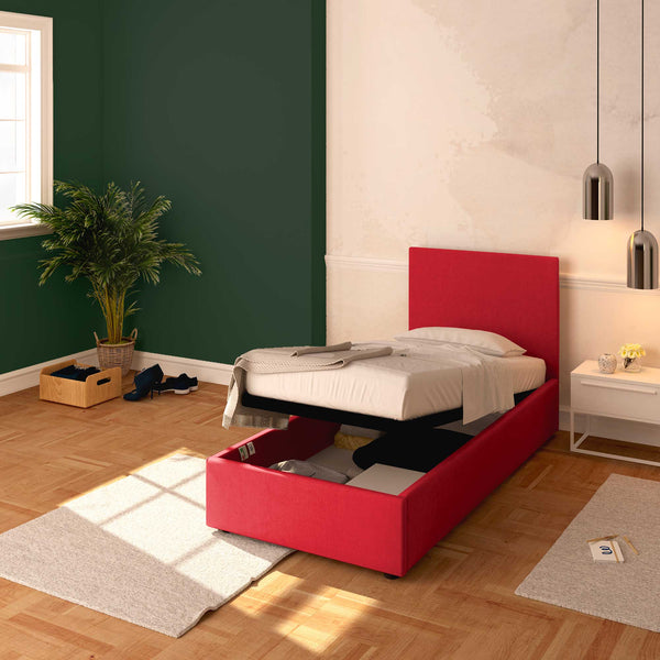 Baldiflex letto contenitore singolo in tessuto sfoderabile Rossano rosso da destra