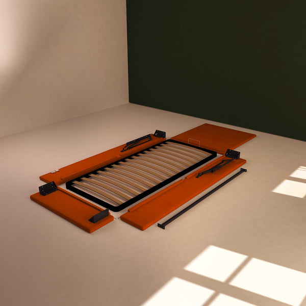 Baldiflex letto contenitore singolo in tessuto sfoderabile Rossano arancione smontato