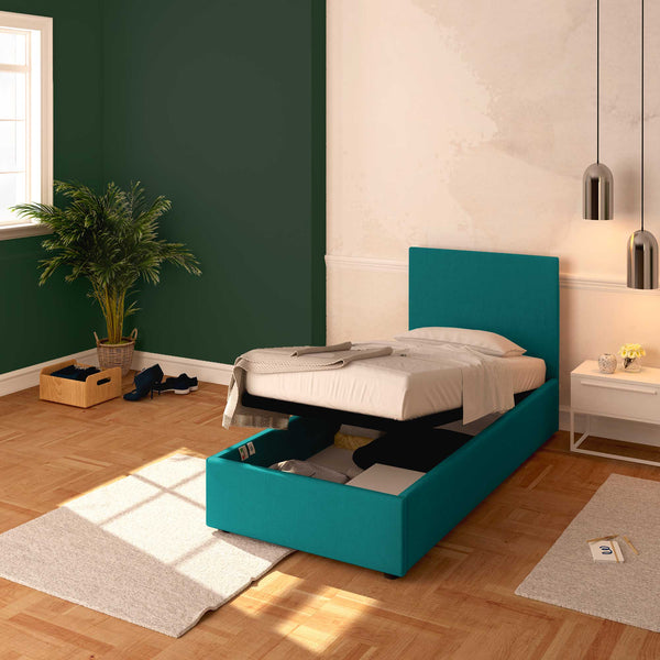 Baldiflex letto contenitore singolo in tessuto sfoderabile Rossano turchese da destra